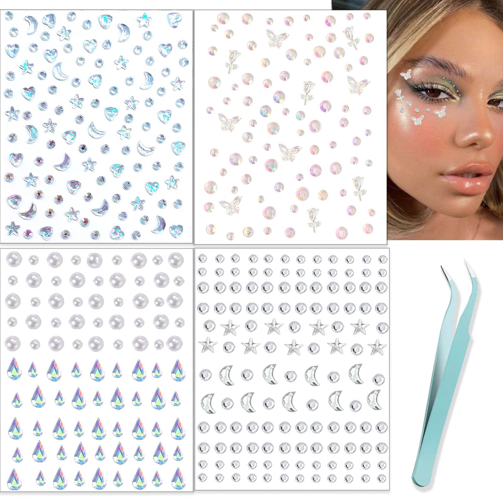 NOOEPC Face Gems Self Adhesive 4 Sheets Face Rhinestones Hair Gems Face Jewels Stickers for Makeup Glitter Freckles Face TattooStar Rhinestones Rave Aaccessories